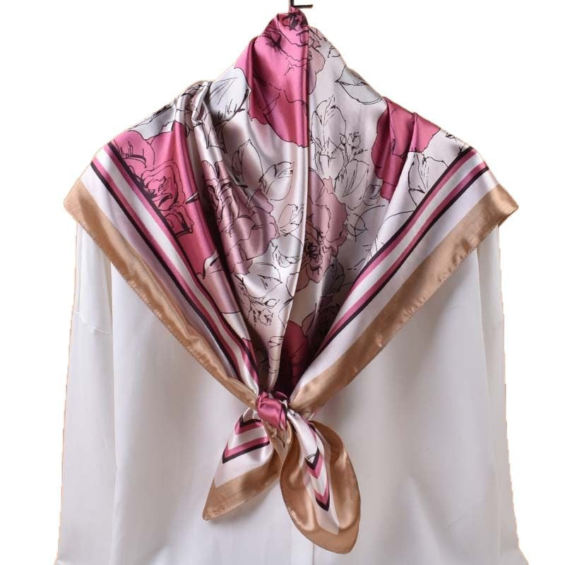 Spring and summer temperament big flower printing versatile decorative scarf headscarf silk scarf 90 high-quality satin large square scarf