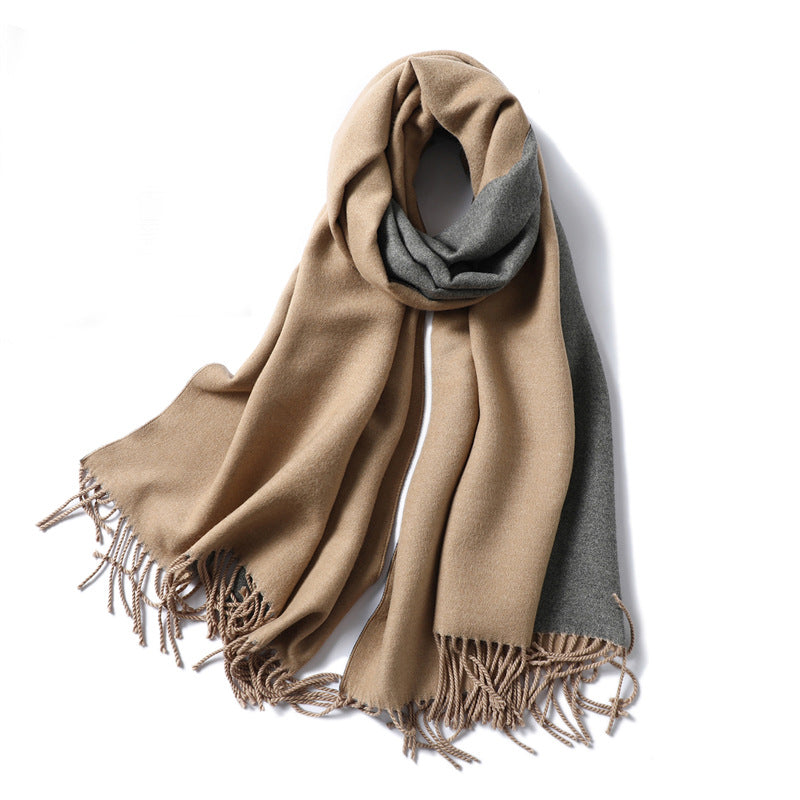 Simple solid color imitation cashmere scarf men's and women's winter thickened warm double-sided two-color versatile fringed shawl core-spun yarn