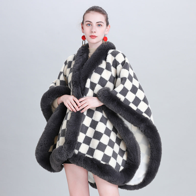 European and Korean autumn and winter fashion new scarf shawl thickened plaid fur collar cape shawl 0982 #
