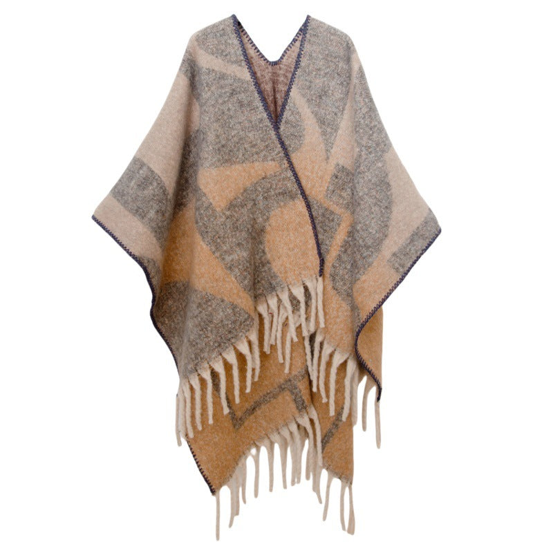 2025 new European and American autumn and winter circle yarn imitation mohair thickened jacquard geometric shawl