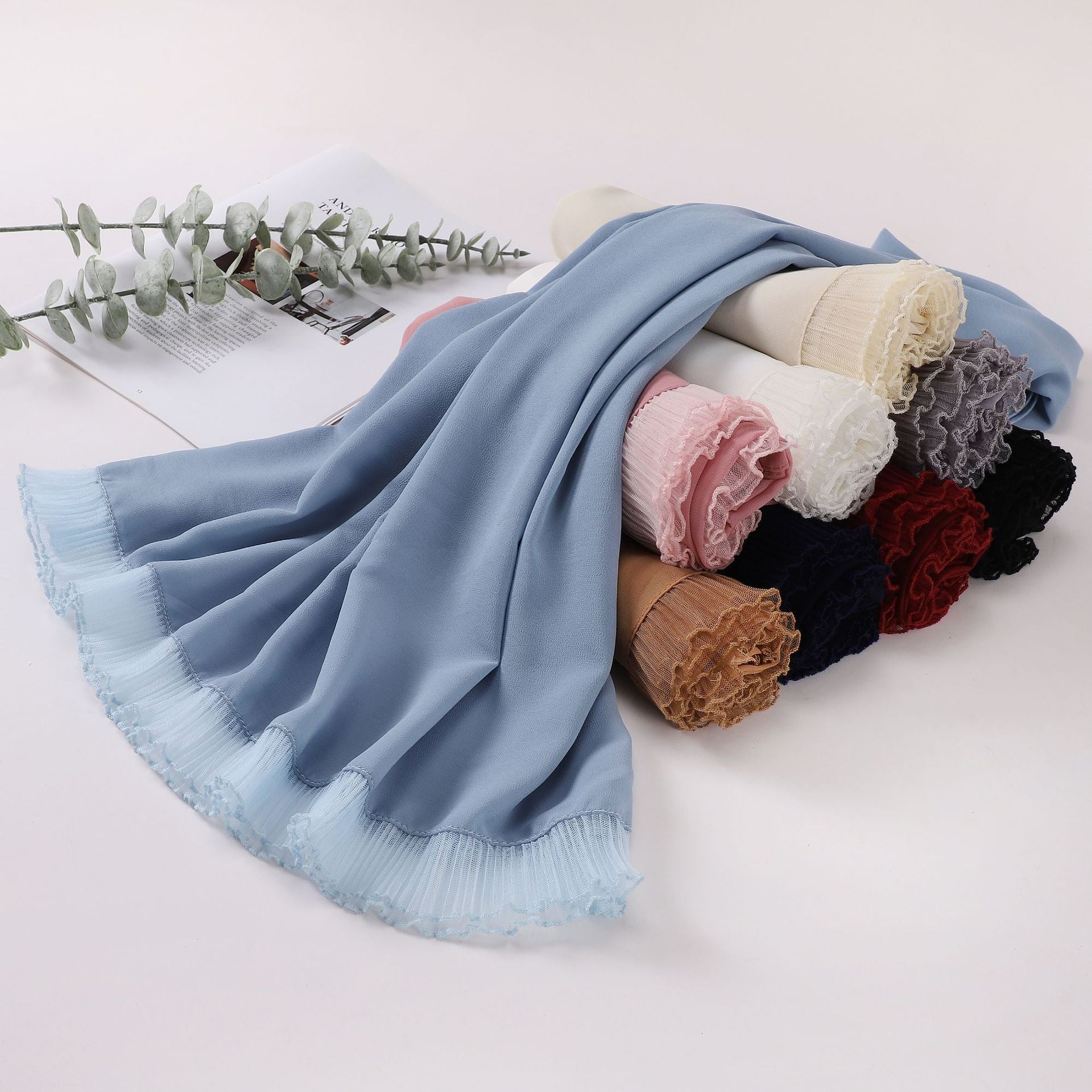 wrinkled lace pearl chiffon headscarf shawls comfortable solid color hijab