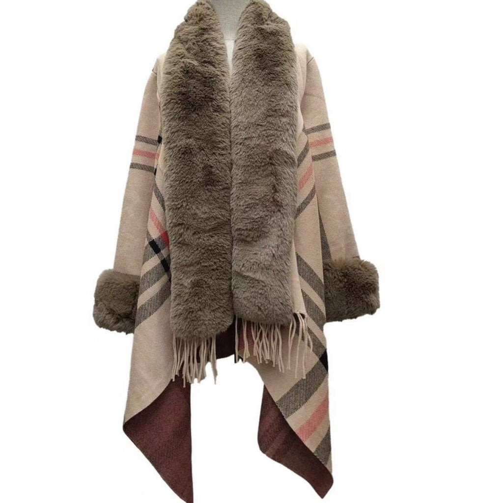 8325 #autumn and winter new irregular large fur collar plaid fringed shawl jacket medium and long knitted cardigan