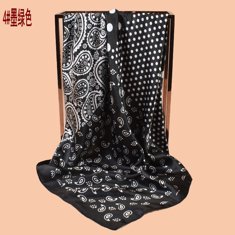 2025 new 90cm-satin size polka dot cashew flower printing square scarf with sunscreen, bag head silk scarf decoration
