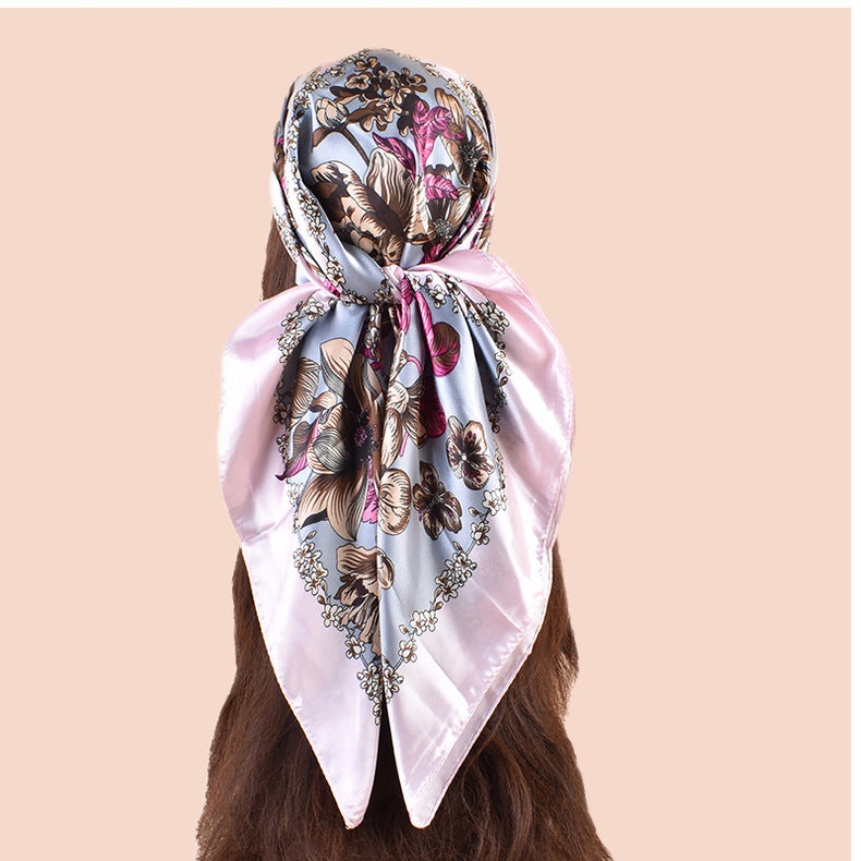 Spring new fashion large shawl simulation silk plant printing silk scarf head scarf 90-color diced large square scarf batch