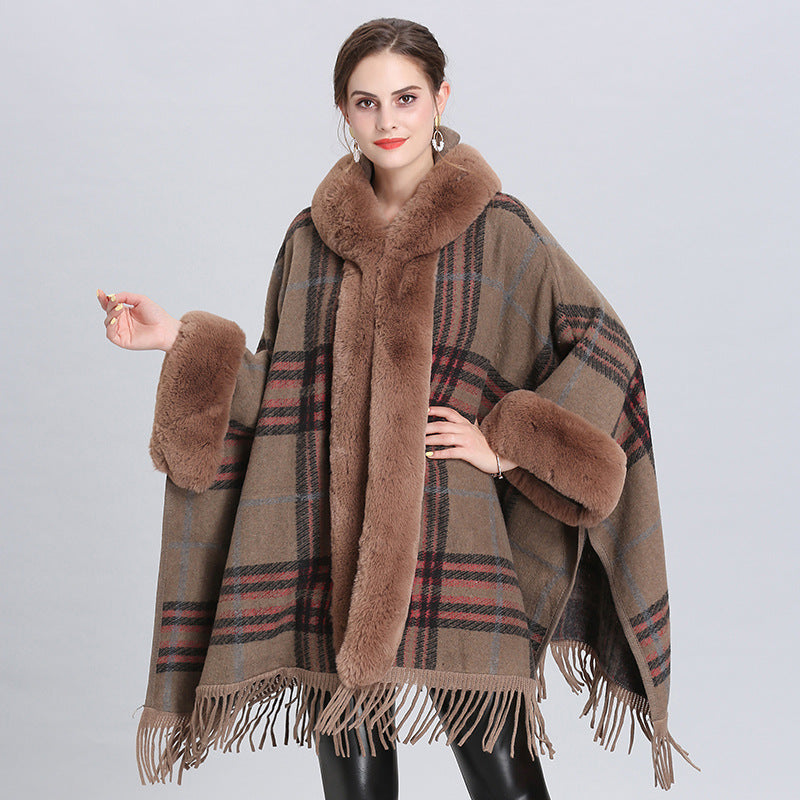 European and American autumn and winter new imitation fur collar hooded fringed knitted cardigan shawl cape jacket 0858 #