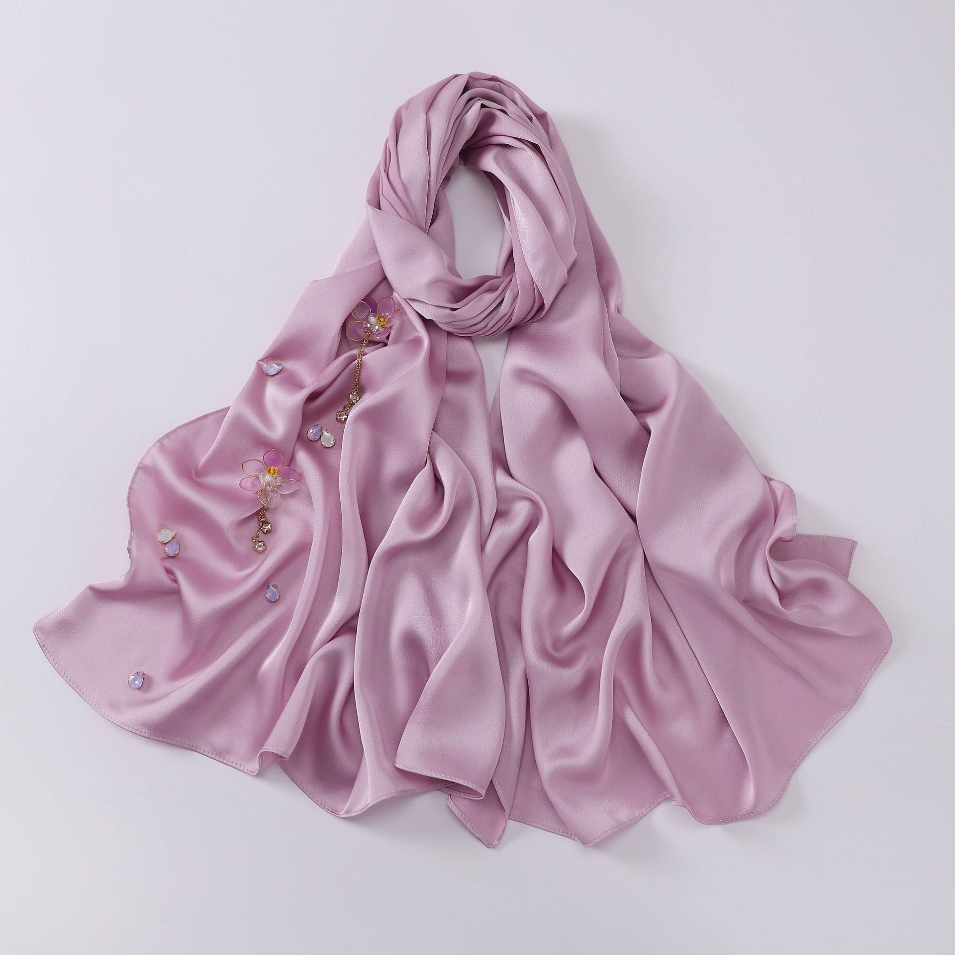 New bubble chiffon hand-sewn flower scarf Chinese wind point diamond yarn Malaysian headscarf hijab