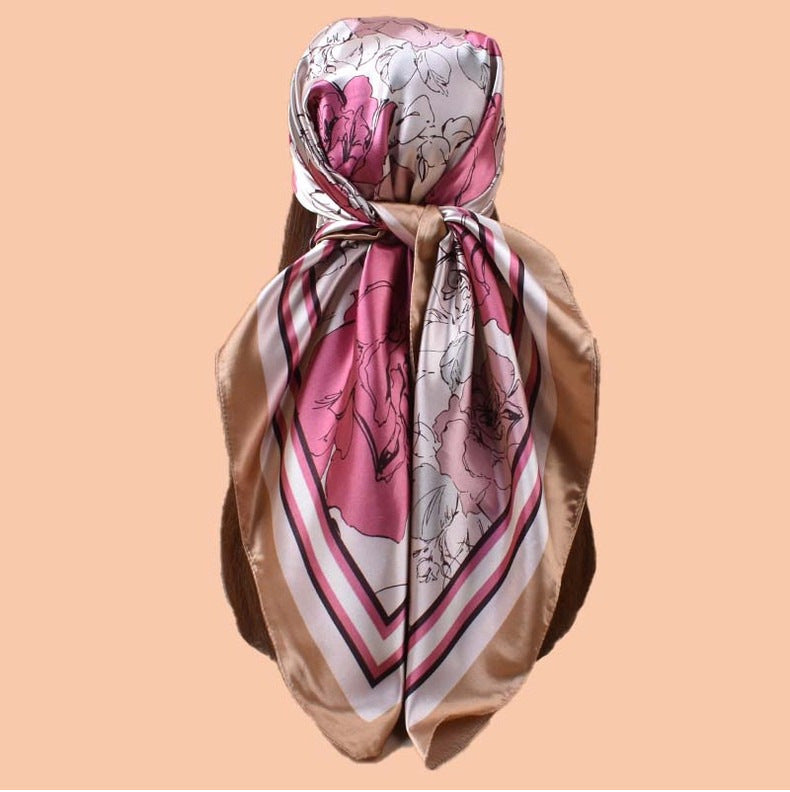 Spring and summer temperament big flower printing versatile decorative scarf headscarf silk scarf 90 high-quality satin large square scarf