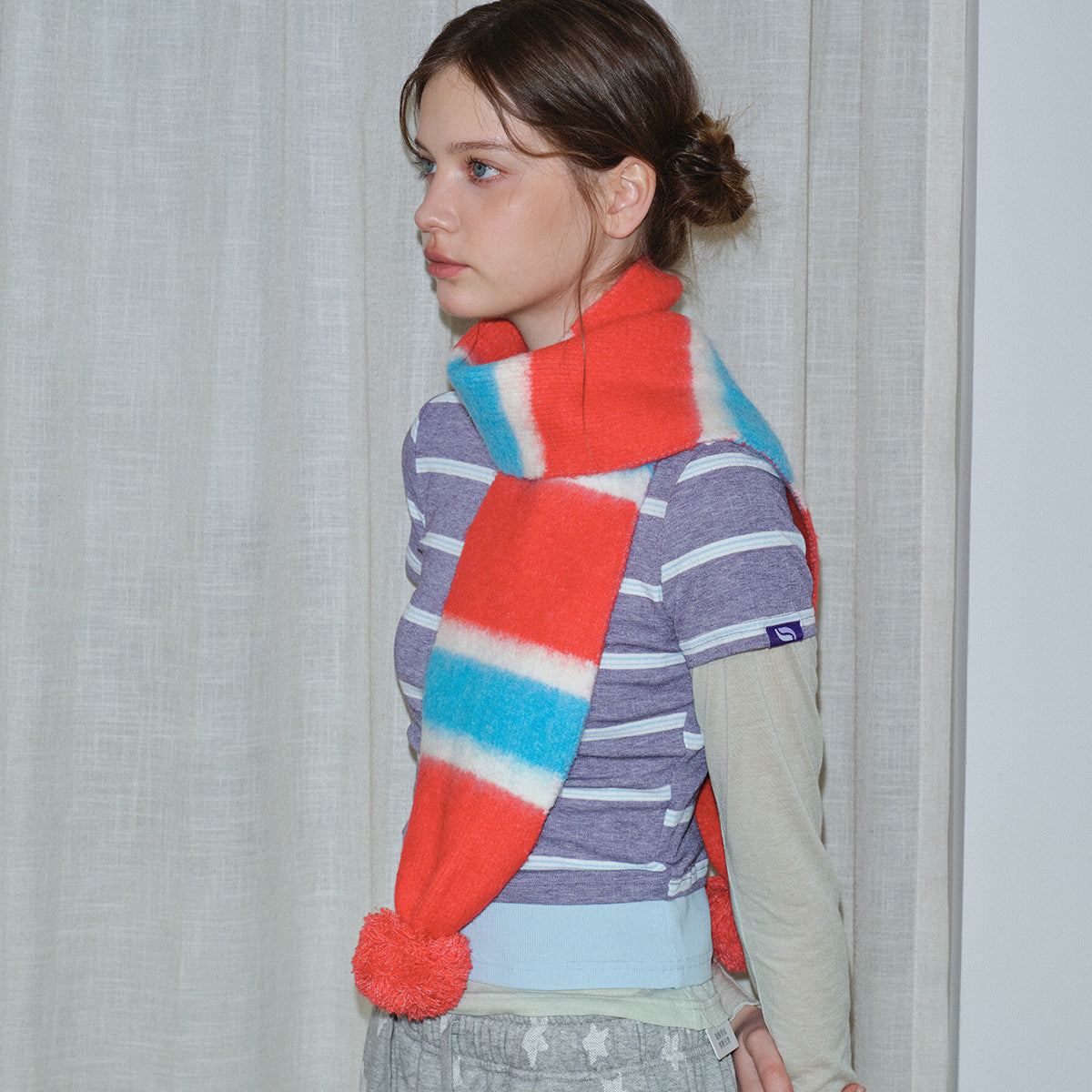 Designer wool-blend brushed striped knitted scarf female winter girl hanging hairball contrasting color Korean scarf