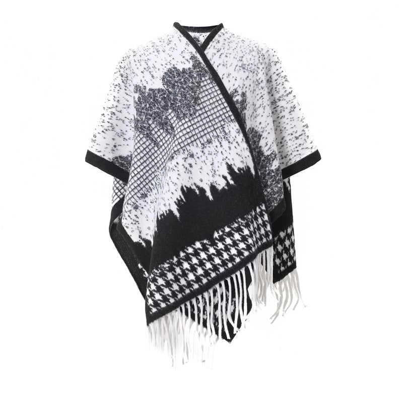 European, American spring, autumn and winter women's jacquard double-sided fringed shawl