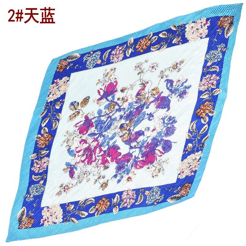 Summer new fashion retro flower pleated 90 satin large square scarf silk scarf imitation silk scarf