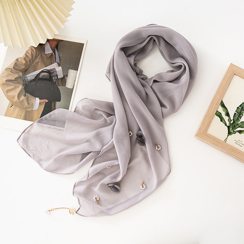 New pearl chiffon flower pearl scarf yarn scarf 90CM square scarf Middle East and Africa headscarf