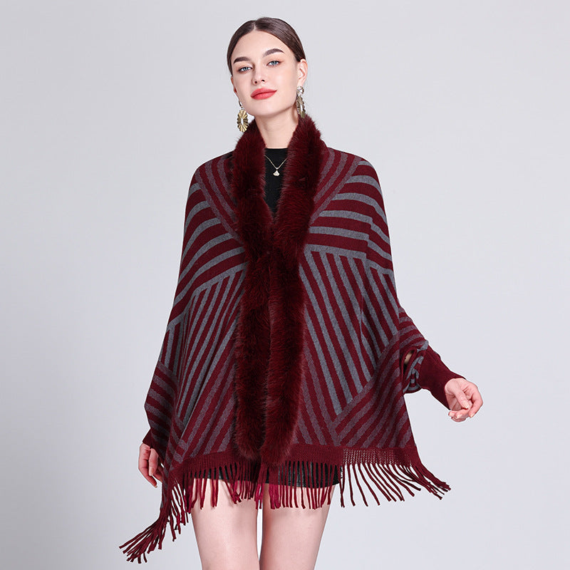 European and American autumn and winter new fashion striped fringed knitted shawl cape versatile cape outer scarf shawl 1233