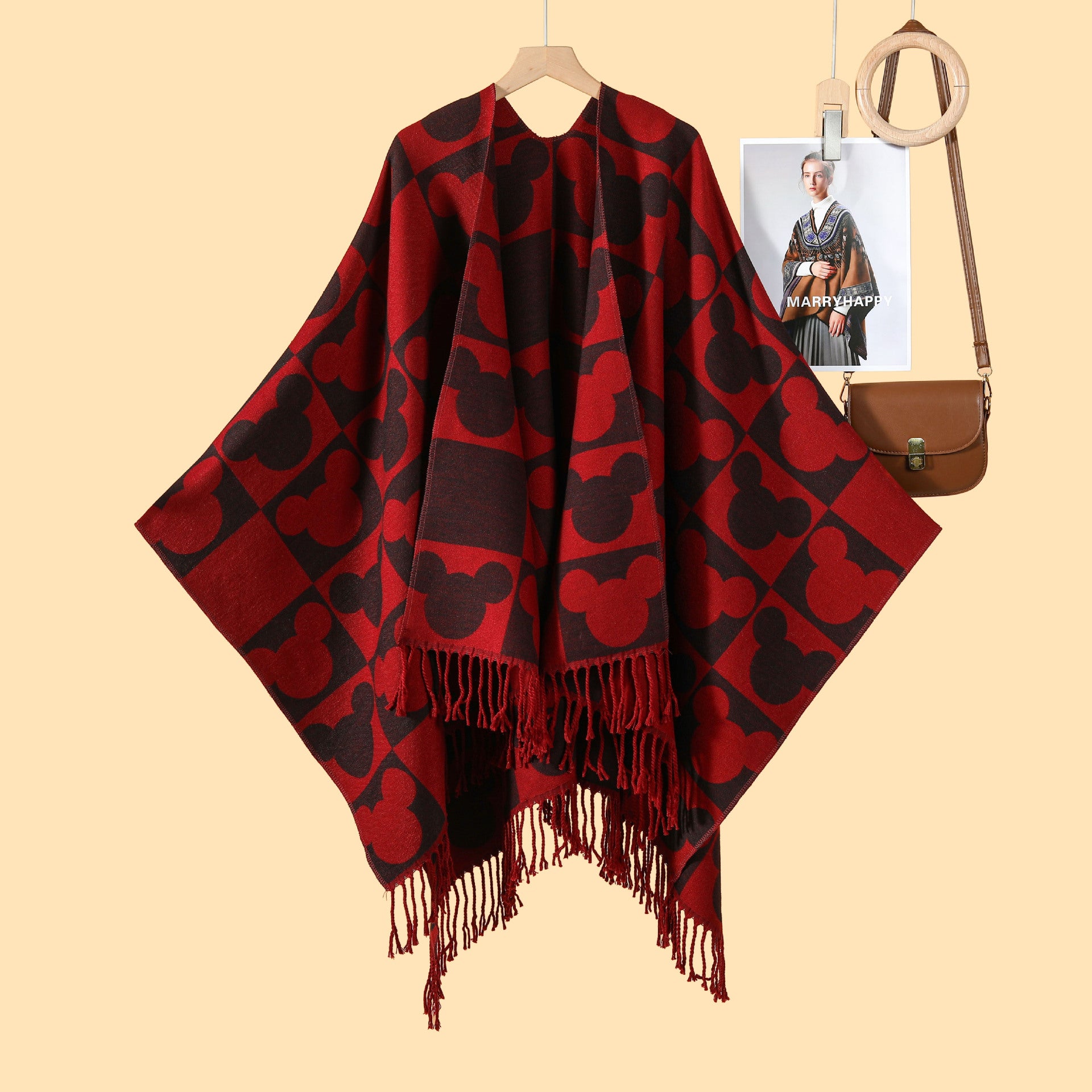 New tassel cartoon picture split shawl women's European and American fashion big-name catwalk cape hot-selling