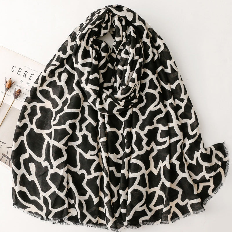 cotton and linen feel scarf soft silk scarf peach geometric line printing shawl