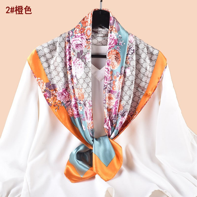 Spring and summer scarf temperament floral printing versatile decorative scarf headscarf silk scarf 90 high-quality satin square scarf