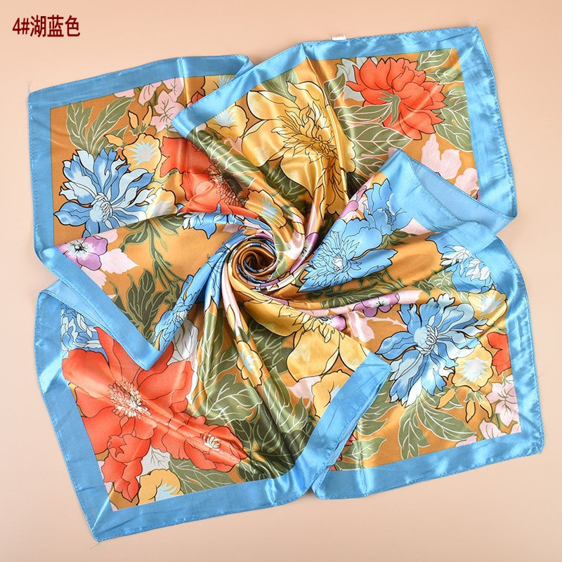 Spring new sweet flower simulation silk printing silk scarf head scarf 90 color diced light luxury square scarf