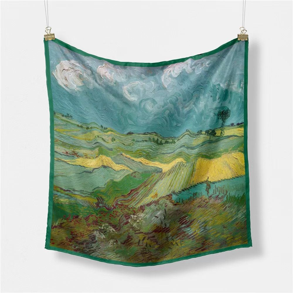 Fashion Van Gogh art oil painting 53cm small square scarf, twill silk imitation silk women's scarf, headband