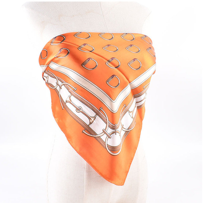 Autumn and winter new scarf saddle buckle accessories printed light luxury silk scarf 90 satin high-end square scarf