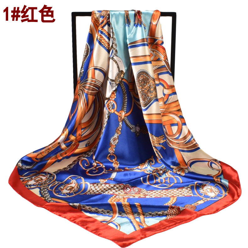 Spring new retro chain rope flower 90 satin printing silk scarf