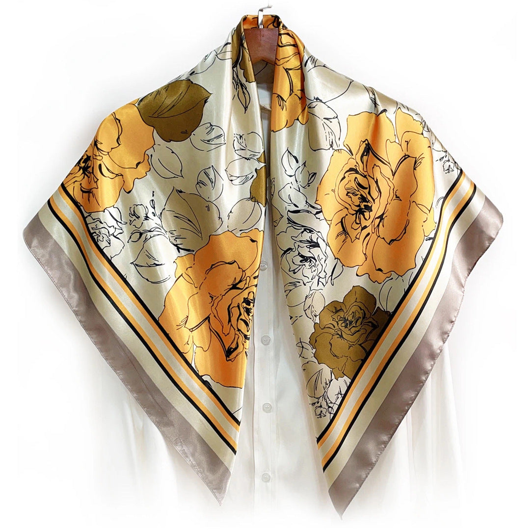 Simple and elegant plant flower flower, satin 90 square scarf, high-end women's headscarf with hand gift silk scarf