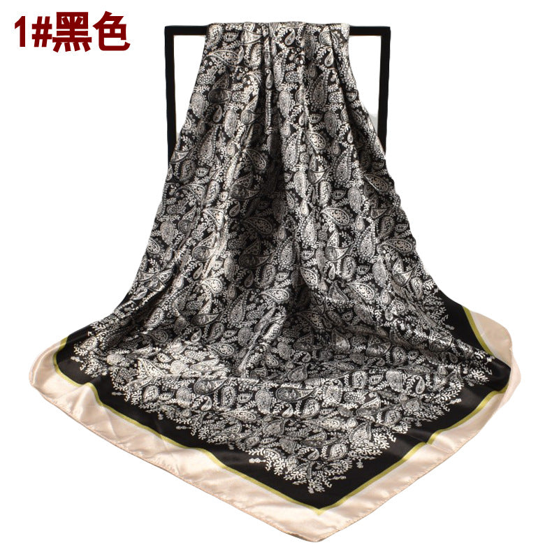 European and American spring new imitation silk 90cm satin printed small cashew nut generous silk scarf, fashionable women's scarf