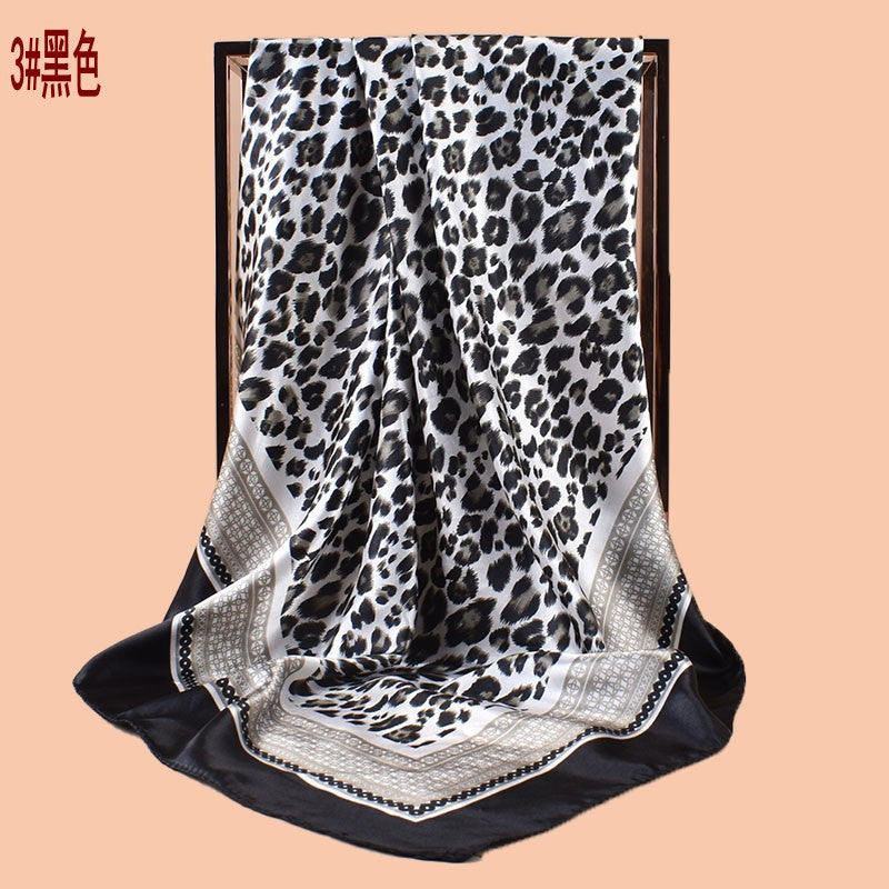 New 90cm-satin leopard print round symbol printed square scarf with sunscreen, bag head silk scarf decoration, scarf