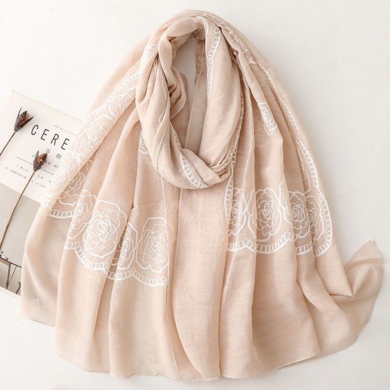 Solid color ethnic style embroidery embroidered scarf rose silk scarf travel shawl