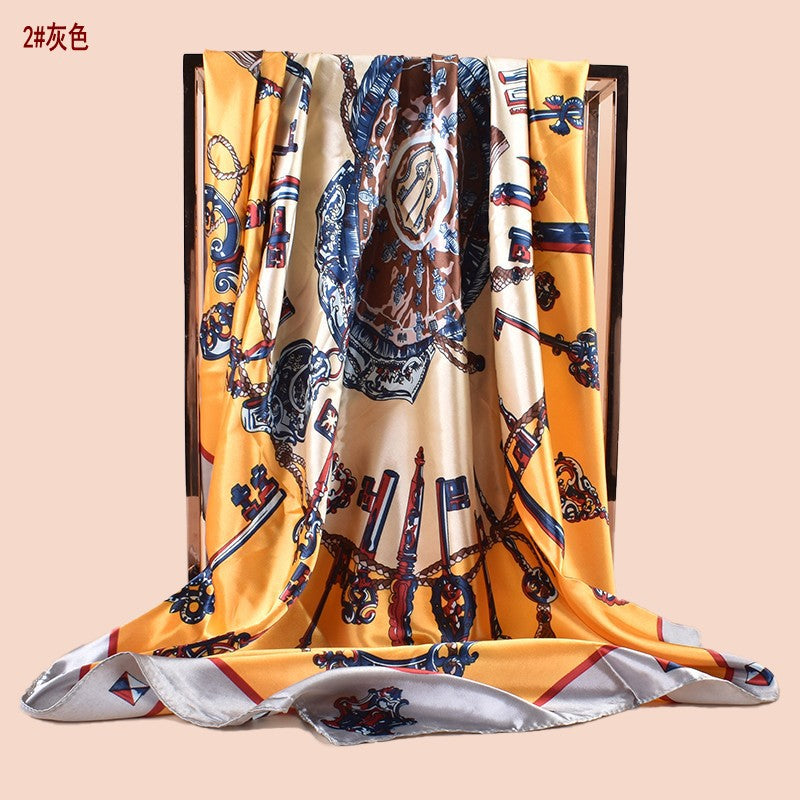 Spring new large shawl simulation silk metal key printing silk scarf bag head scarf 90-color diced large square scarf batch
