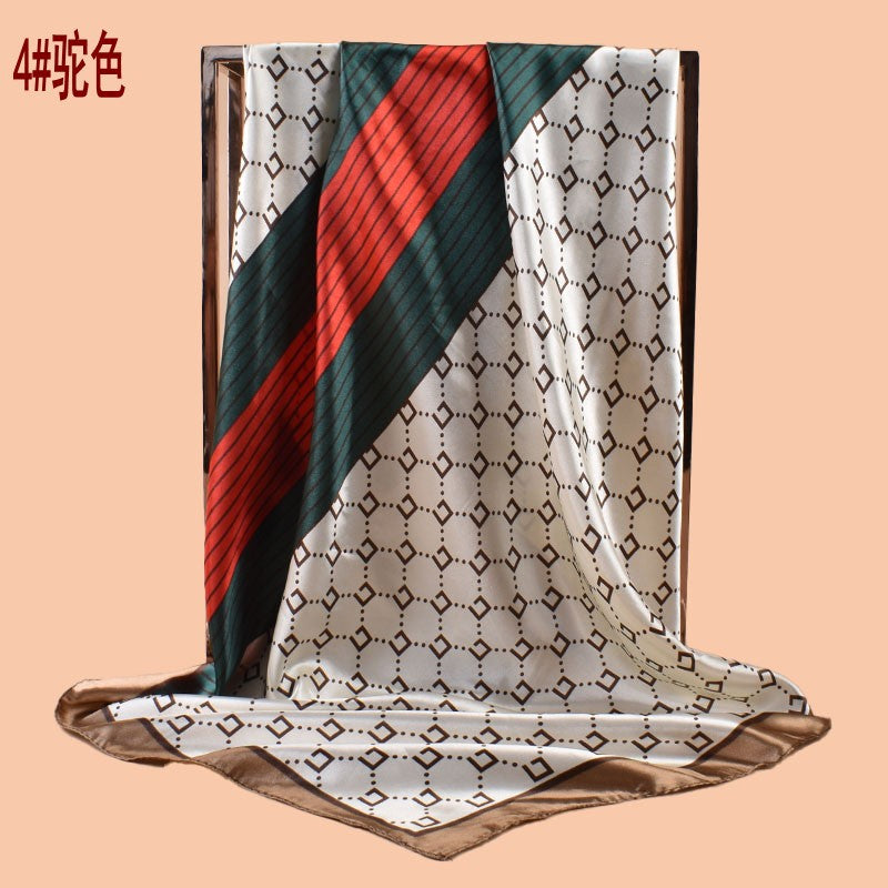 2025 new 90cm-satin geometric line plaid printing square scarf with sunscreen, bag head silk scarf decoration, scarf