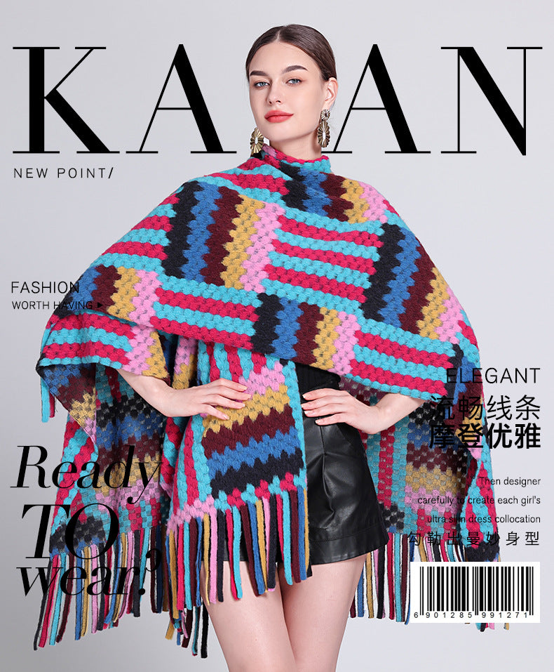 Autumn and winter new colored shawl with ethnic style travel temperament fringed shawl cape cape scarf coat women