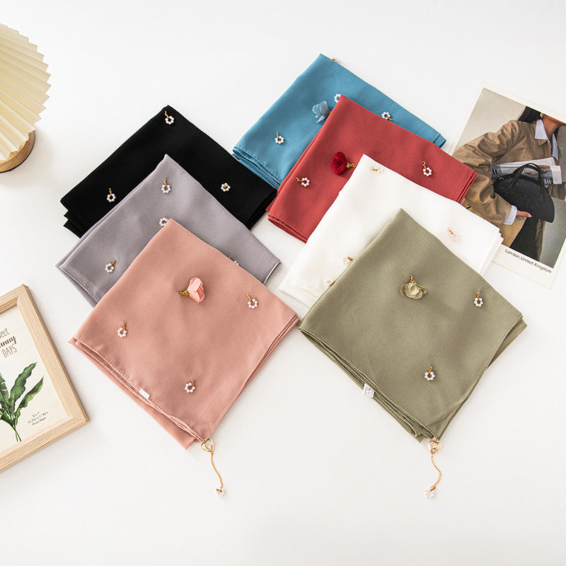 New pearl chiffon flower pearl scarf yarn scarf 90CM square scarf Middle East and Africa headscarf