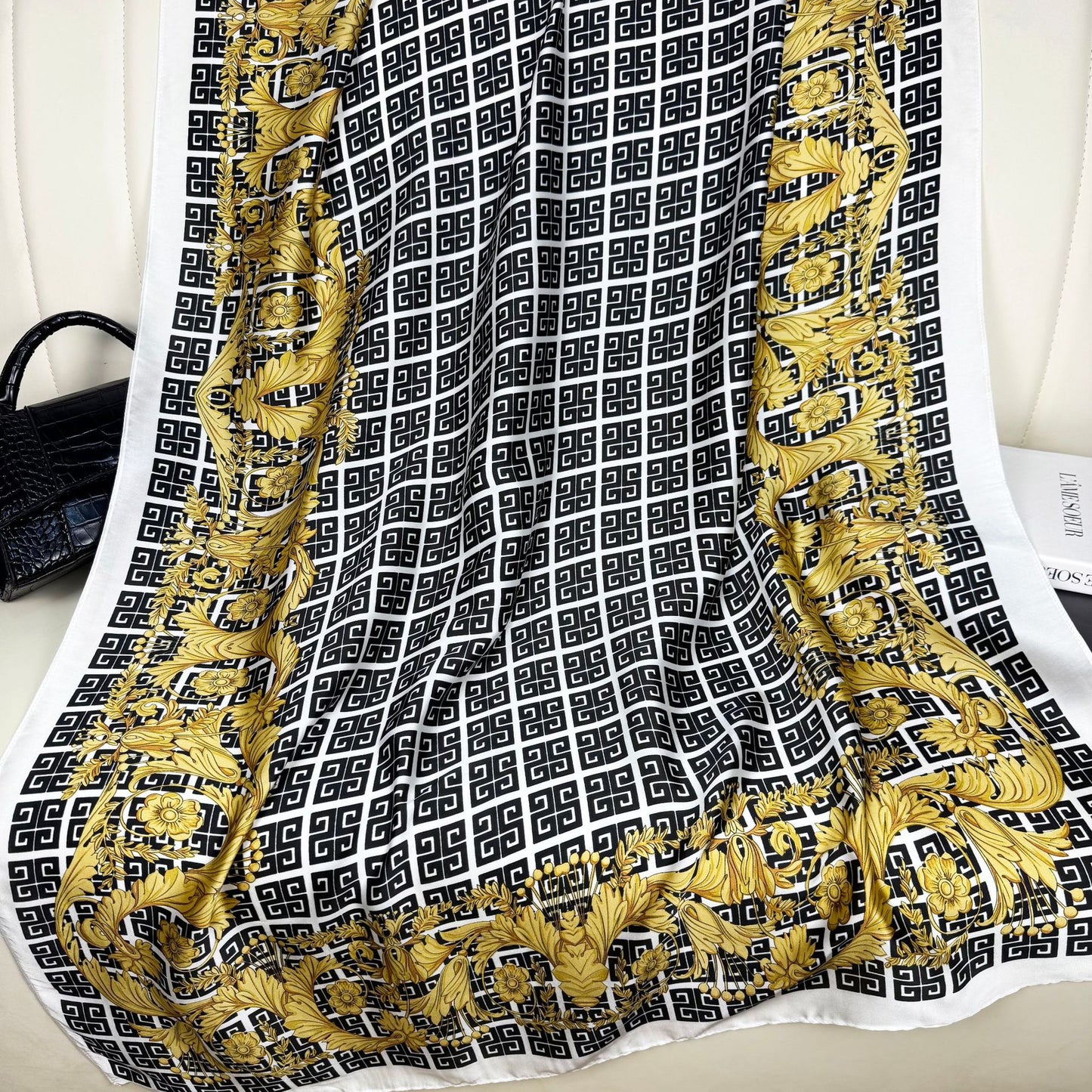 Elegant national four palaces totem simulation silk long silk scarf, spring, summer and autumn travel and vacation women's outer shawl