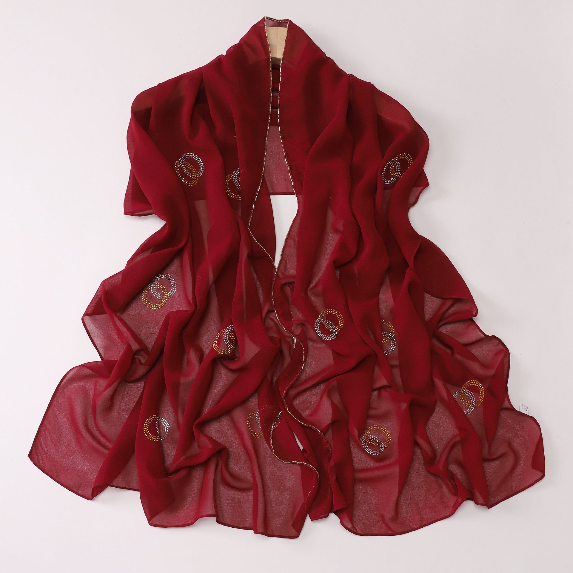 New Pearl Chiffon Long Edge Metal Chain Double Ring Hot Diamond Long Towel Yarn Middle East Head Towel