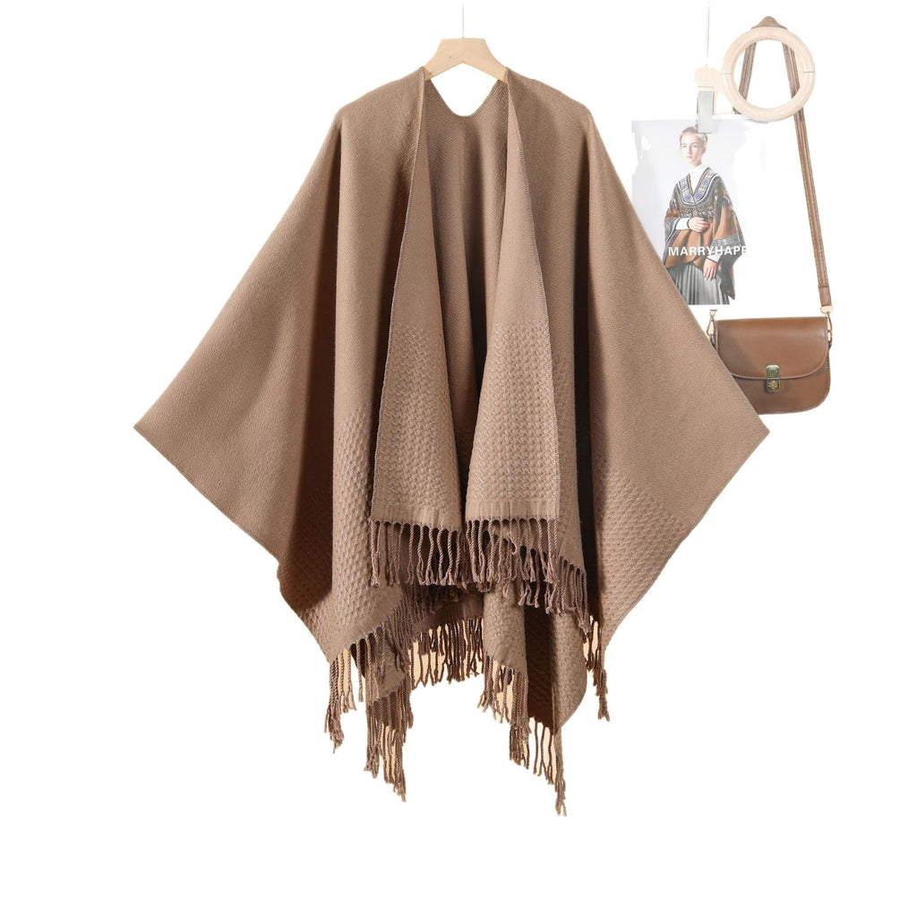 New monochrome fringed split shawl double-sided three-dimensional wave jacquard warm imitation cashmere scarf cape cardigan women
