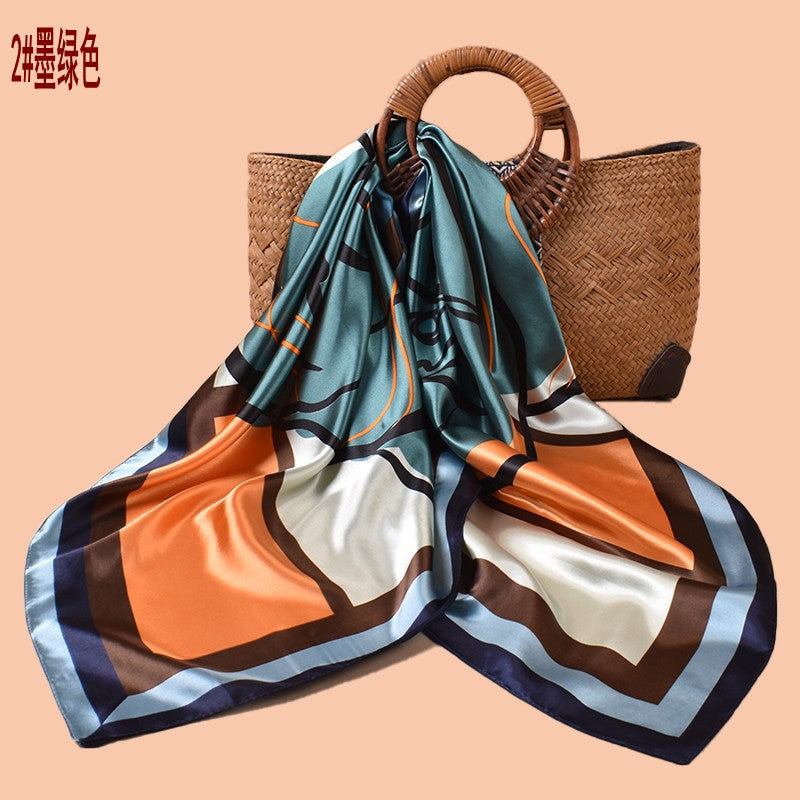 Spring and summer geometric sketch rose print versatile decorative scarf headscarf silk scarf 90cm high-quality satin square scarf