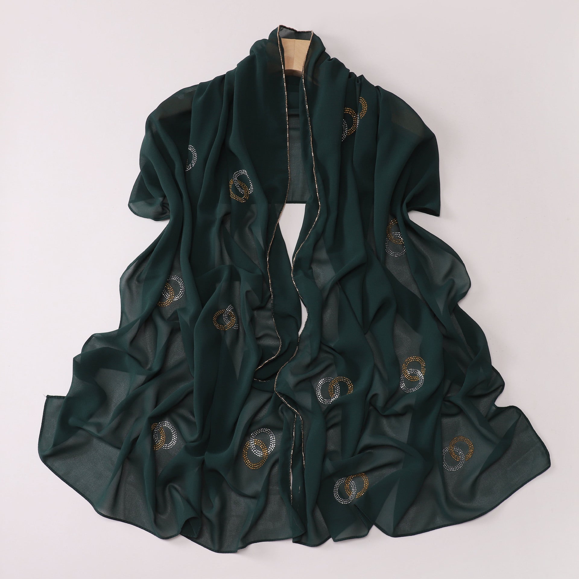 New Pearl Chiffon Long Edge Metal Chain Double Ring Hot Diamond Long Towel Yarn Middle East Head Towel