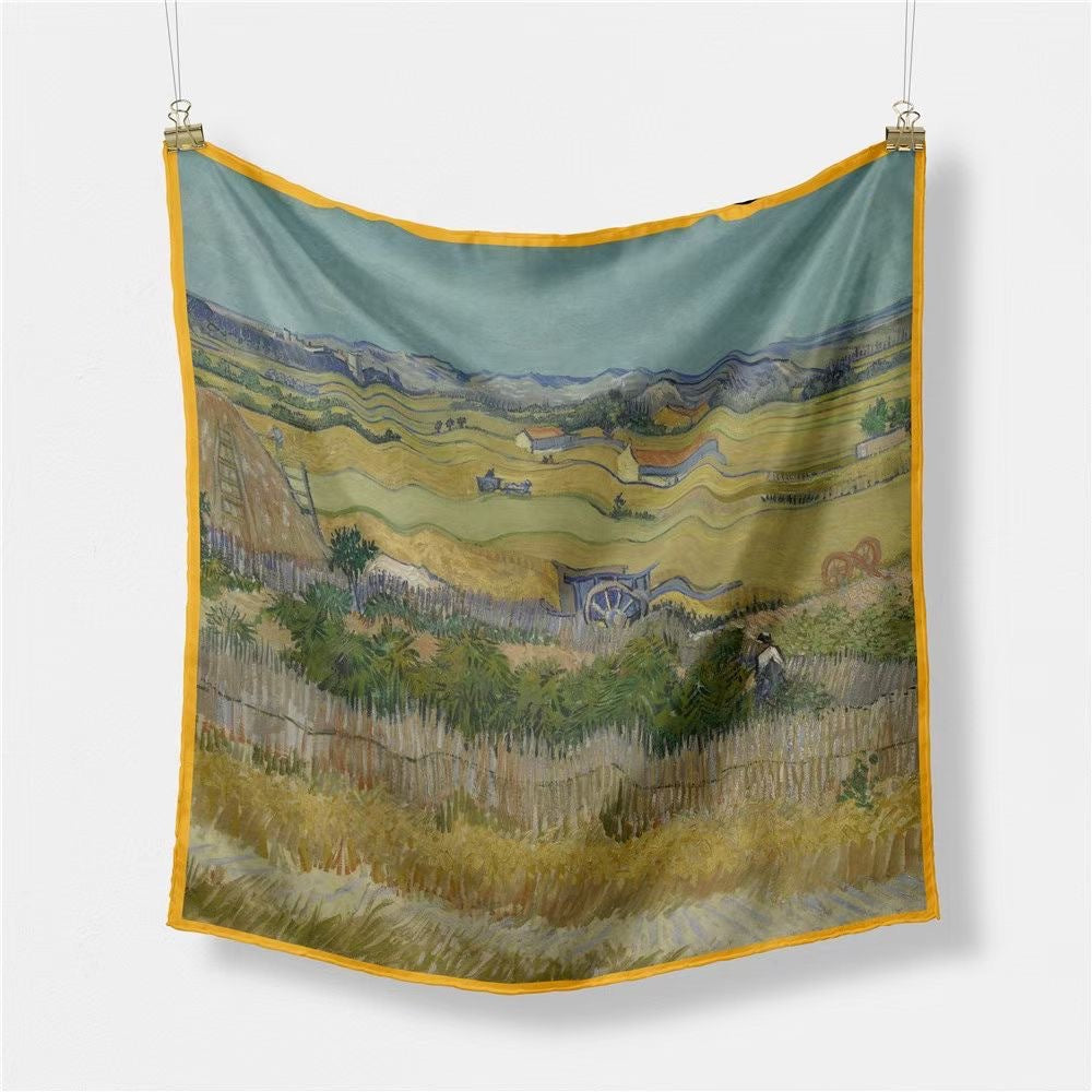 Fashion Van Gogh art oil painting 53cm small square scarf, twill silk imitation silk women's scarf, headband