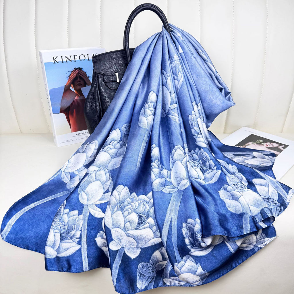 Simple and light luxury auspicious cloud pattern texture printing long silk scarf, simple and elegant temperament women's sun protection shawl scarf