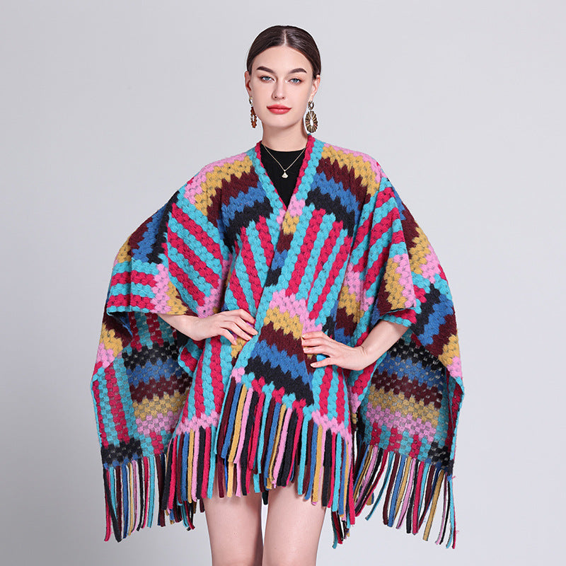 Autumn and winter new colored shawl with ethnic style travel temperament fringed shawl cape cape scarf coat women