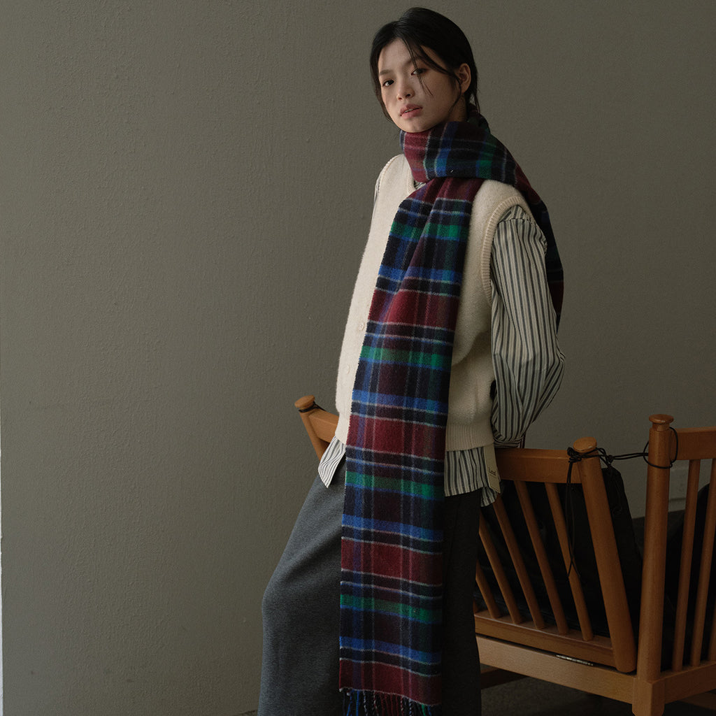 Korean designer wool-blend fringed plaid scarf men's autumn and winter soft plaid scarf