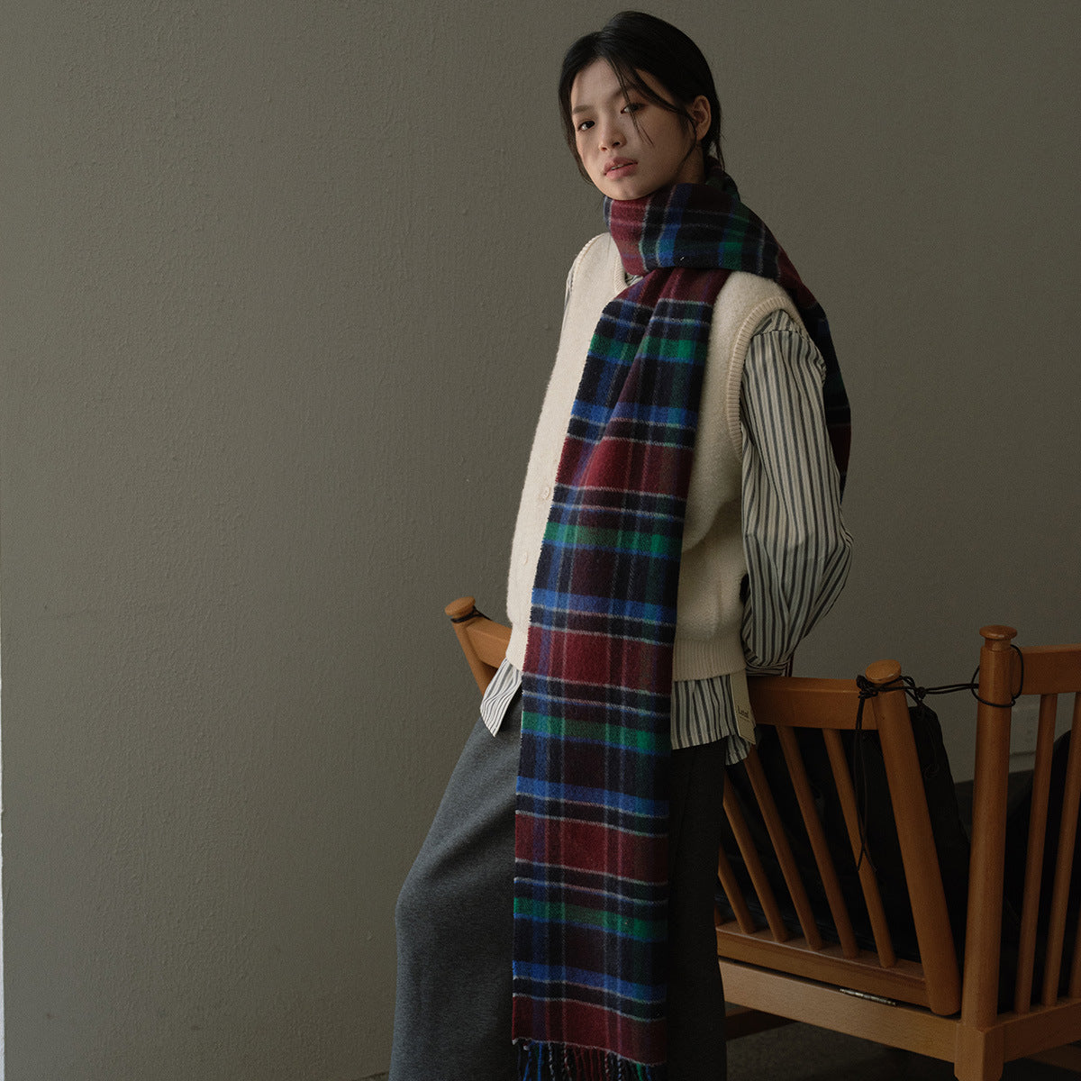 Korean designer wool-blend fringed plaid scarf men's autumn and winter soft plaid scarf