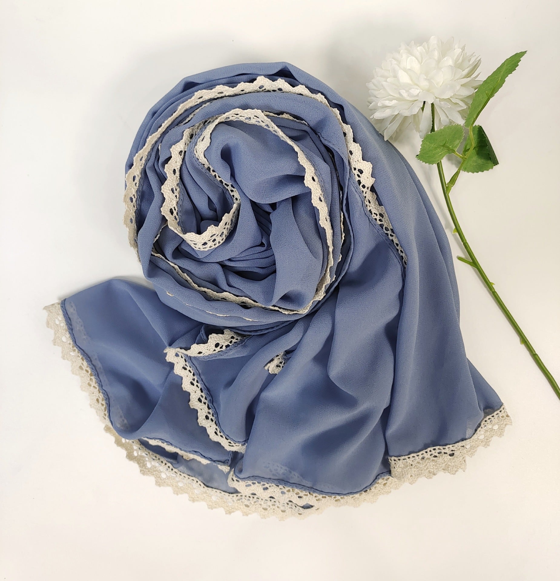 New ins fashion monochrome pearl chiffon lace fringed  scarf headscarf hijab