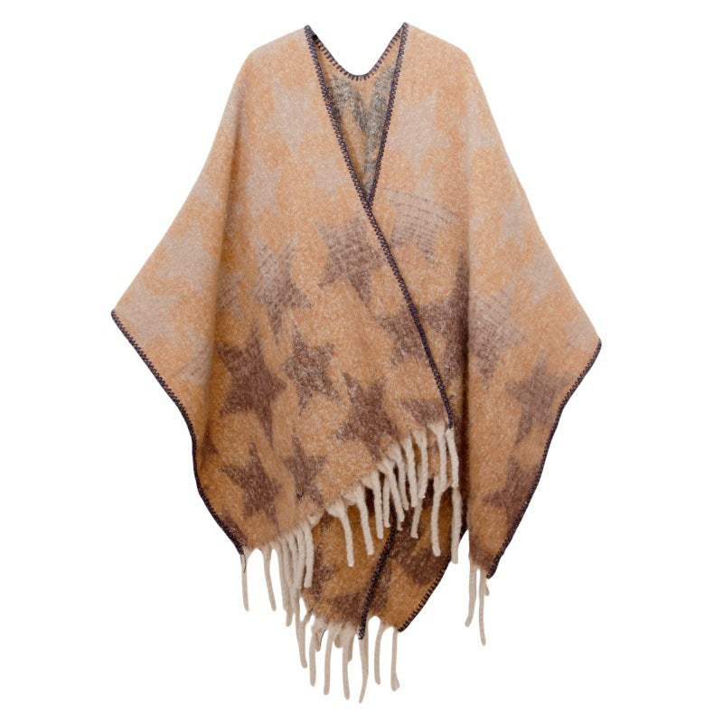 2025 new European and American autumn and winter imitation mohair double-sided thickened jacquard five-pointed star cross shawl