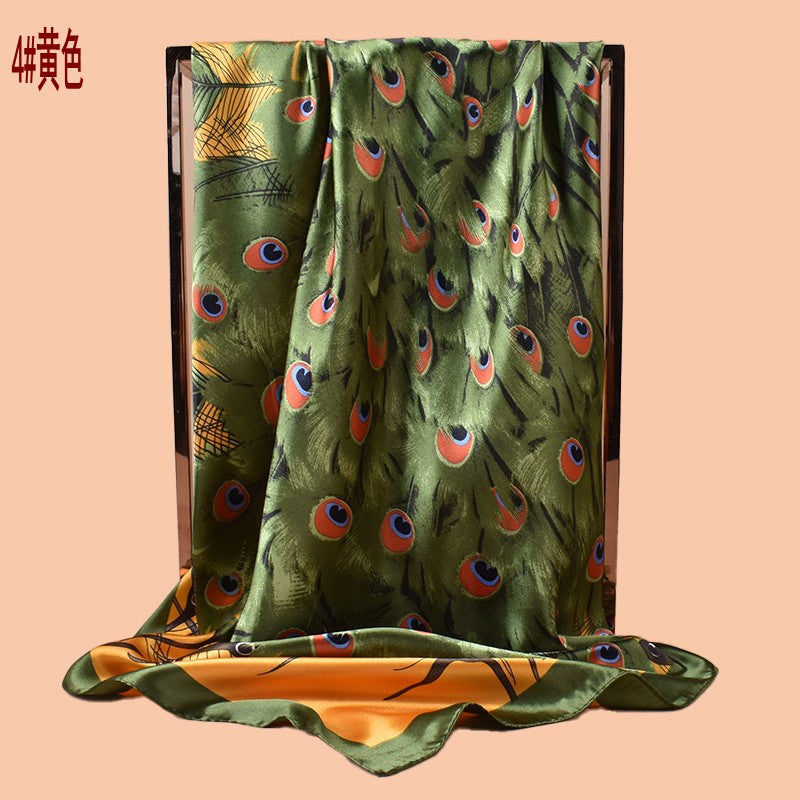 2025 new 90-color beautiful peacock versatile printed square scarf with sunscreen, bag head silk scarf decoration, scarf