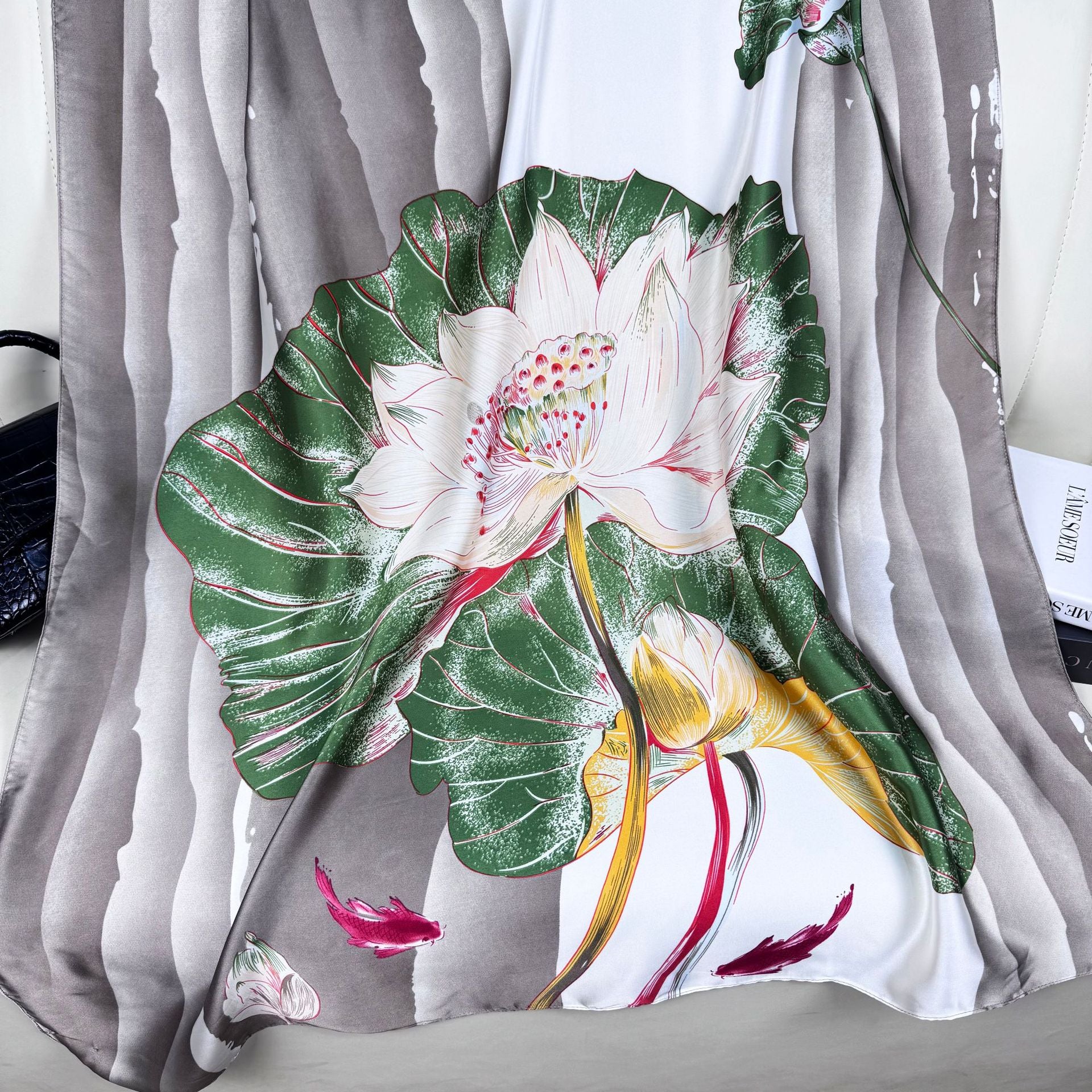 Korean version of temperament women travel and vacation with shawls, literary and ethnic style lotus flower print long silk scarf, souvenir
