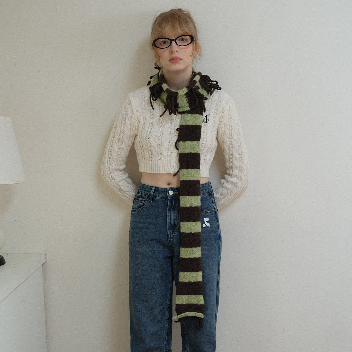 Handmade rope wool blended striped sausage scarf women's autumn and winter personality matching millennial fine and narrow knitted scarf