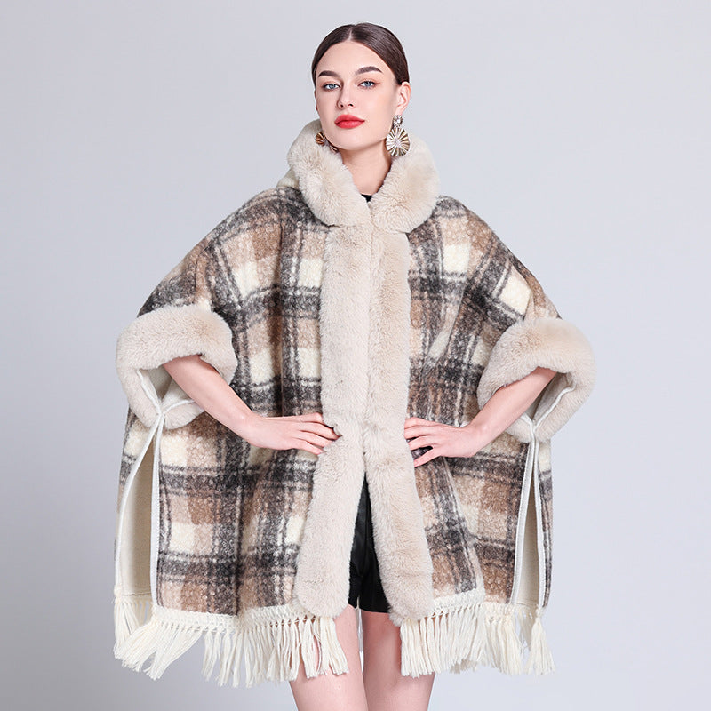 Europe, America, autumn and winter new woolen coat fur collar hooded plush thickened warm fashion fringed cape shawl outside