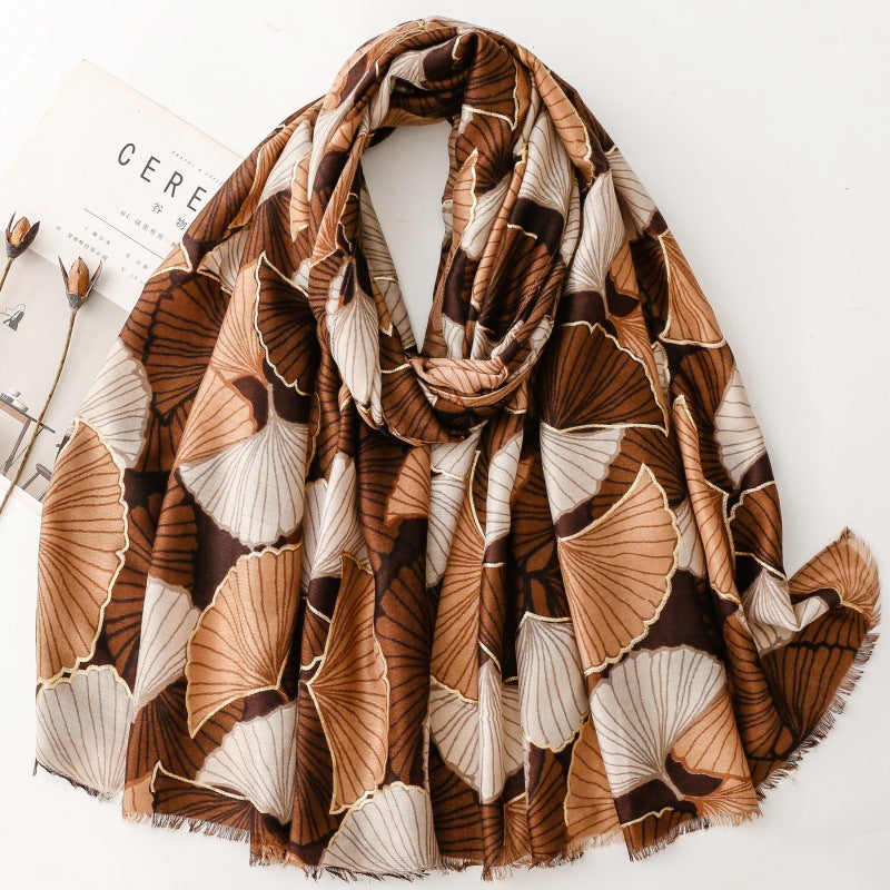 Cotton and linen feel scarf soft silk scarf bronzing golden autumn ginkgo biloba print shawl