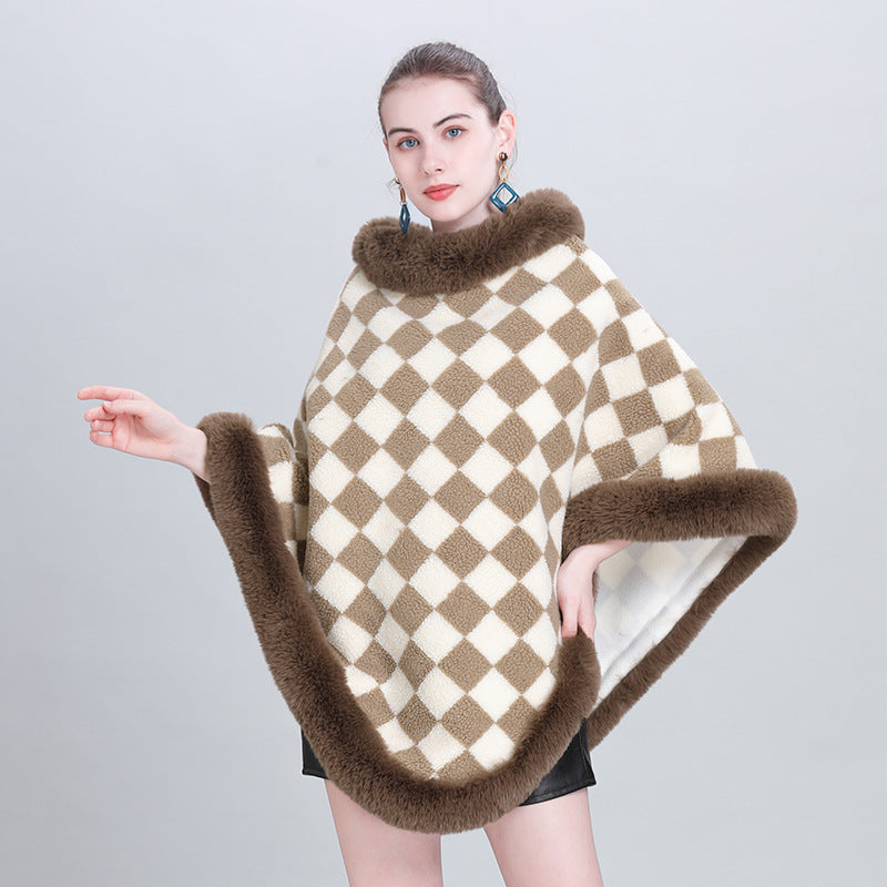 European and Korean autumn and winter new cape shawl thickened plaid fur collar crew neck pullover shawl cape jacket 0986 #