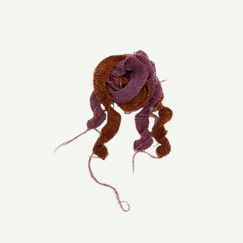 Spiral-woven hand-hung beard lotus leaf edge two-color splicing knitted small scarf women's autumn and winter wool decorative scarf